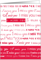 i miss you, repetitive text red on white card