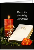Thank You For Being Our Reader Greeting Card-With Bible, Candle & Rose card