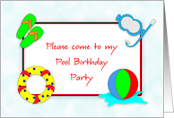 Pool Birthday Party Invitations with Flip Flops, Ball, Inner Tube and Snorkel card
