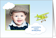 Green Airplane, Clouds, Birthday Party Photo Invitation card
