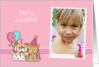 Cake, Cat, Balloons, Birthday Photo Invitation card