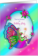 Birthday Party Girls Invitation Fairy Colorful Butterfly Wings Flowers card
