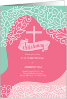 Christening Invitation Pink and Sea Green Swirls with Cross card