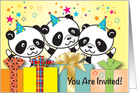 Kid’s Birthday Party Invitation for Triplets, pandas card