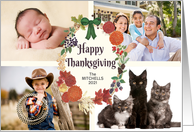 Custom Name Thanksgiving 4 Photos Upload with Fall Wreath card