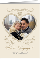 We’re Engaged Photo Card, Silver heart frame with flowers card