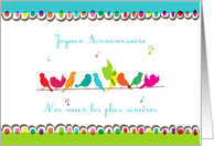 Joyeux Anniversaire, French happy birthday, colorful birds on a line card