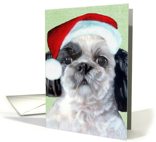 Shih Tzu Puppy Painting Christmas Santa Hat card (734768)