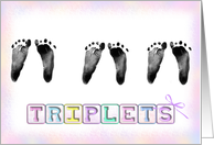 Triplet baby footprints on soft pink background card