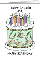 Happy Easter Birthday Cake and Candles Bunnies and Carrots card