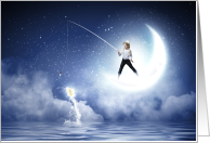 Fishing Girl on Moon Dreams of Next Big Catch Pun card