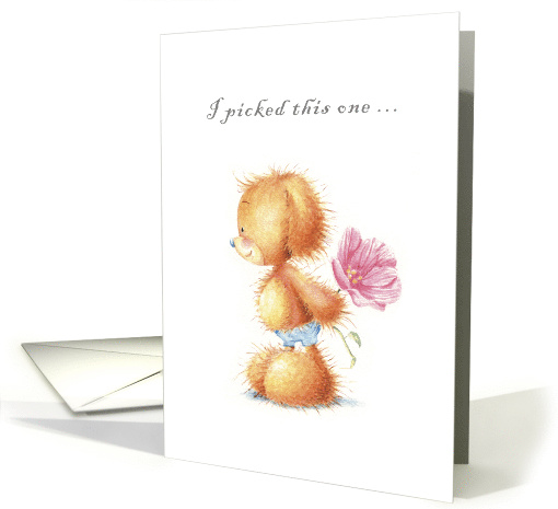 ruffled fur Baby Dog, just picked a wild rose, Happy Birthday card