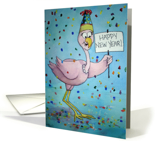 Pink Whimsical Flamingo Happy New Year Celebrate card (121535)