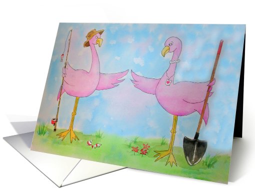 Pink Flamingo Pair Couple Love Fishing Garden card (43334)