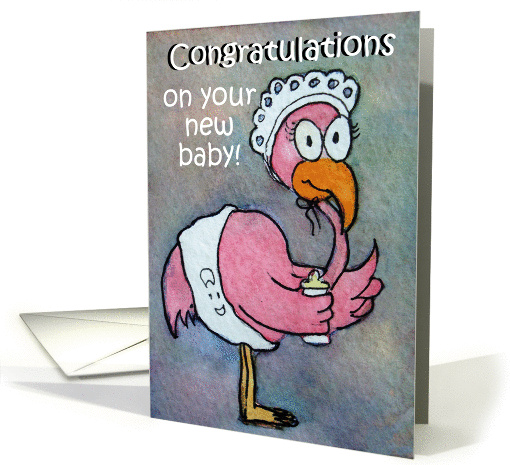 Watercolor Pink Flamingo Whimsical New Baby Bird card (573127)