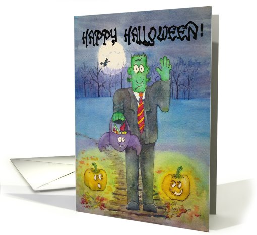 Happy Halloween Neighbor, Watercolor Frankenstein Monster Pumpkin card