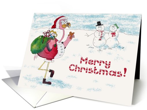 Pink Flamingo Merry Christmas Snowman Santa card (703874)