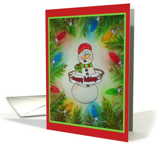 Happy Snowman Whimsical Lights Happy Holidays Watercolor card (705458)
