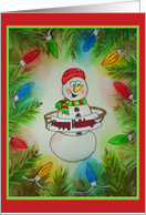 Happy Snowman Whimsical Lights Happy Holidays Watercolor Card