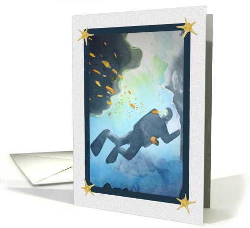 Scuba Diver Uner Water Ocean Starfish Watercolor card (766928)