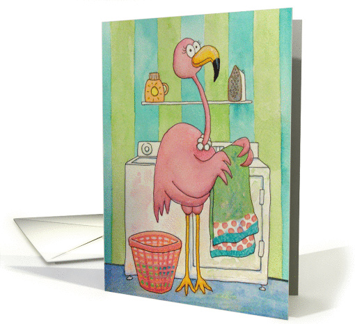 Thinking of You Friend Whimsical Pink Flamingo Does Laundry card