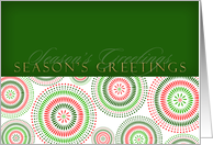 season’s greetings with red and green starbursts card