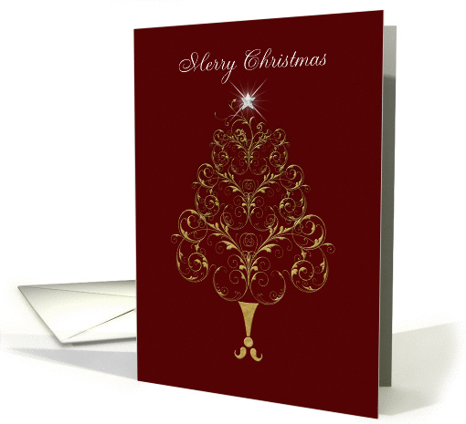 Elaborate gold christmas tree ruby red background card (877429)