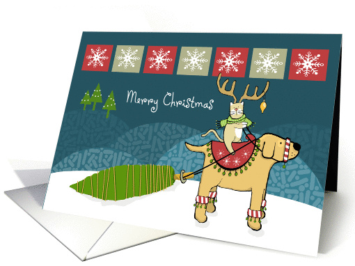 Merry Christmas Cat with Antlers Riding Dog in Snow card (1308792)
