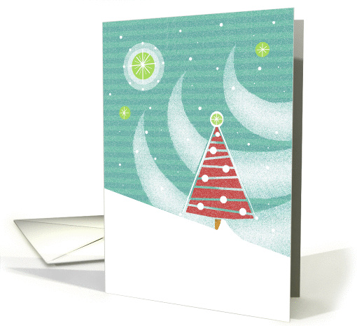 Red Christmas Tree with Lights on a Snowy Hillside with Star card