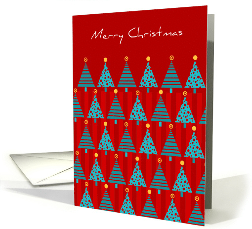 Teal Christmas Trees on Red Background Wish a Merry Christmas card
