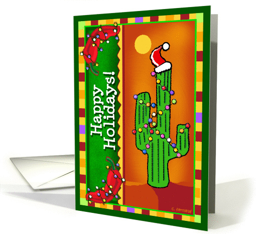 Happy Holidays Southwest Saguaro Cactus with Christmas Lights card