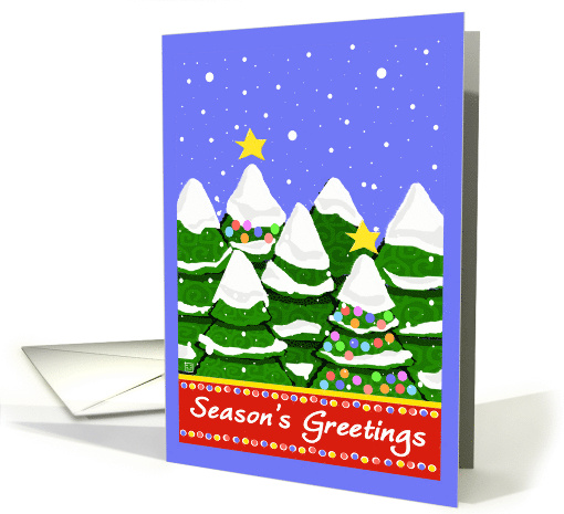 Season's Greetings Forest Christmas Trees with Lights in Snow card