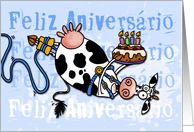 Happy Birthday - Bungee Cow (Portuguese) card