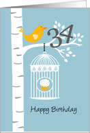 34th birthday - Bird in birch tree card