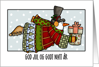 Flying Snowman with Present Christmas Wishes in Norwegian card