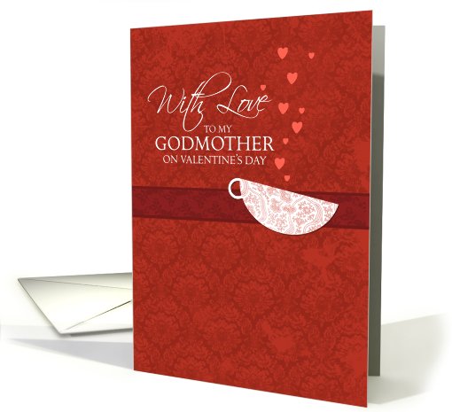 With love to my Godmother on Valentine's Day - Red Damask Teacup card