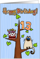 Happy Birthday - 13 years old - Kitty and Cake in tree card