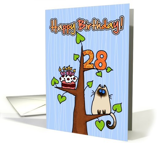 Happy Birthday - 28 years old - Kitty and Cake in tree card (827574)