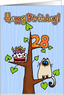 Happy Birthday - 28 years old - Kitty and Cake in tree card