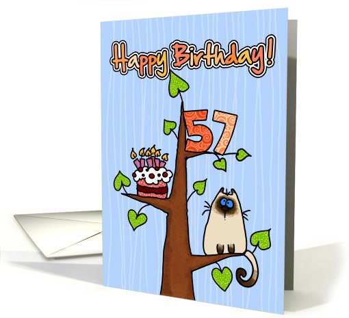 Happy Birthday - 57 years old - Kitty and Cake in tree card (830129)