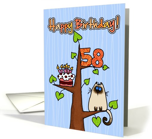 Happy Birthday - 58 years old - Kitty and Cake in tree card (830130)