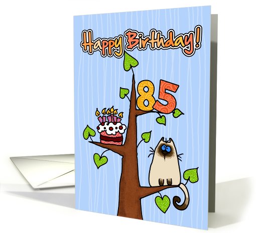 Happy Birthday - 85 years old - Kitty and Cake in tree card (831076)