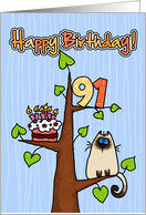 Happy Birthday - 91 years old - Kitty and Cake in tree card