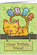 Customizable Birthday for friend Kitty and Birds in Tree with Sign card