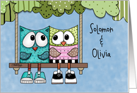 Customizable Happy Anniversary for Name Specific Owls on Tree Swing card