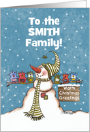 Custom Name Christmas Greetings Snowman and Bird Friends card