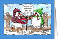 Warm Christmas Greetings Humor Snowman and Electric Blanket card