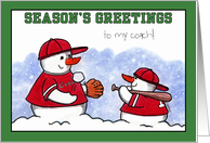 Customizable Season’s Greetings to Coach Snowmen Baseball Christmas card
