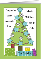 Customizable Names Christmas Tree with Snowflakes and Stars card