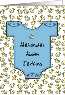 Customizable New Baby Boy Announcement Blue Onesie with Ducks card
